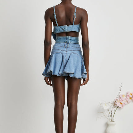 Capucine Blue Denim Pleated Mini Skirt with Ruffle Detailing and Zipper Closure