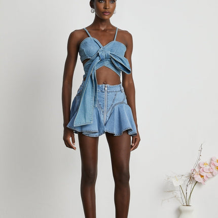 Capucine Blue Denim Pleated Mini Skirt with Ruffle Hemline and Front Zipper Closure
