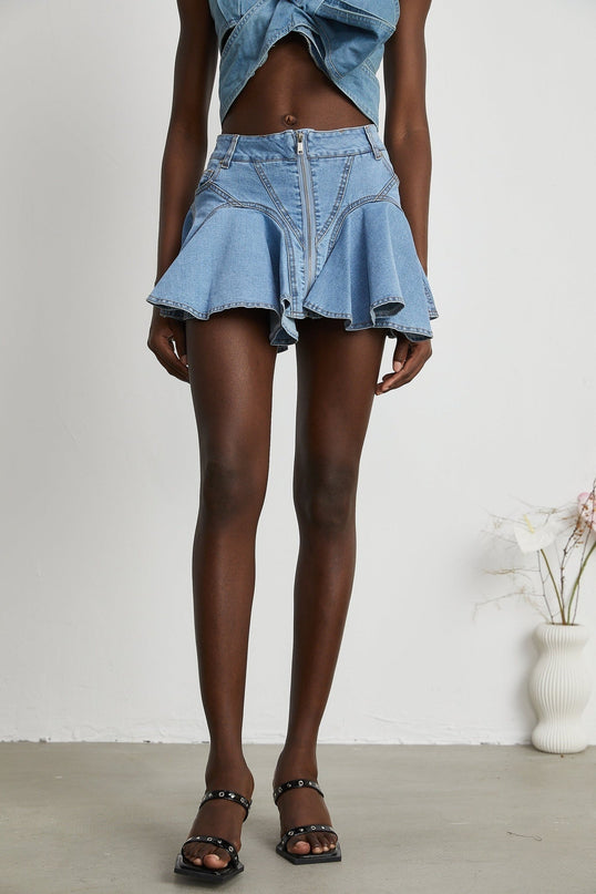 Capucine Blue Denim Pleated Mini Skirt with Ruffle Hemline and Front Zipper Closure