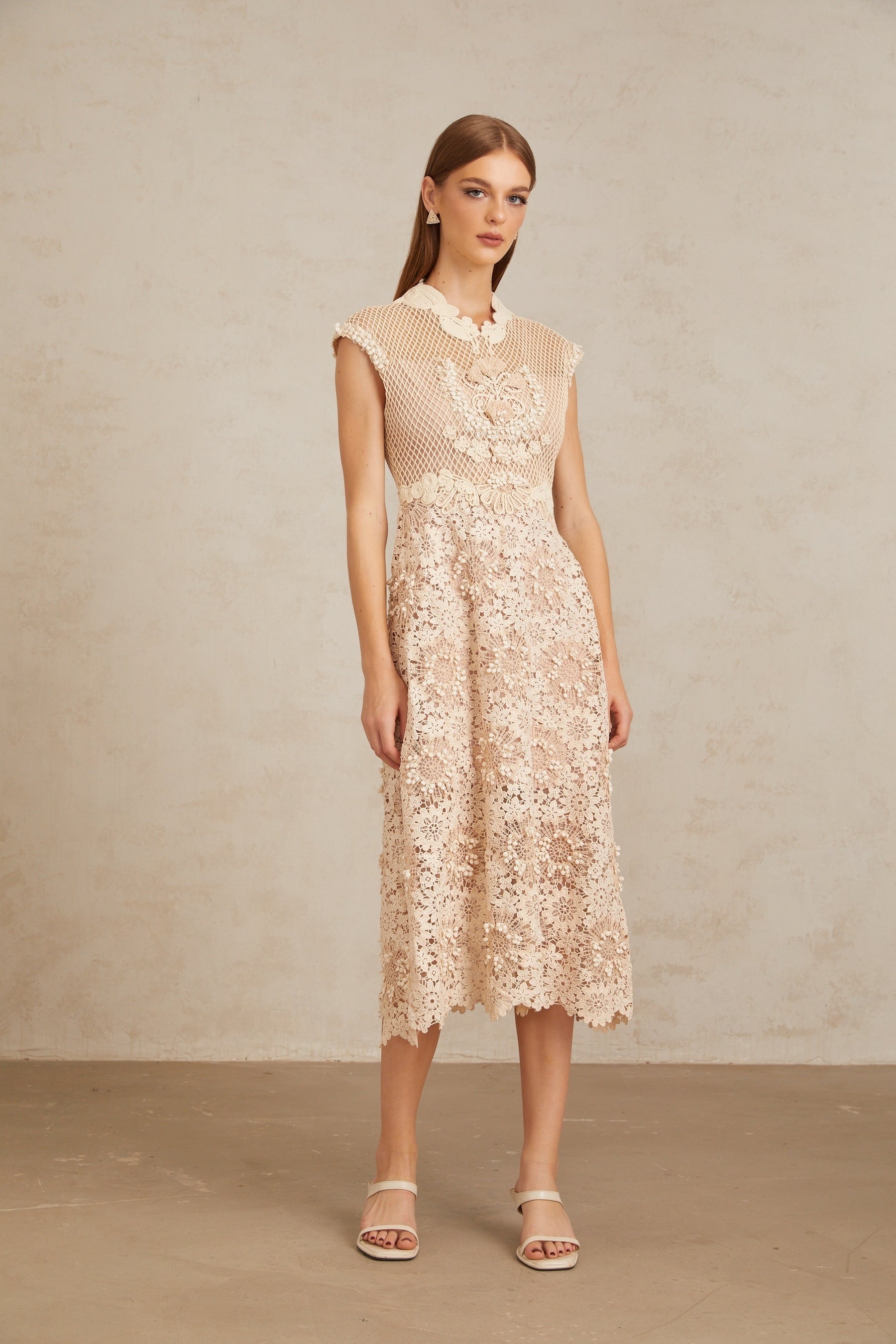 Capucine Braid Detail Corded Lace Midi Dress