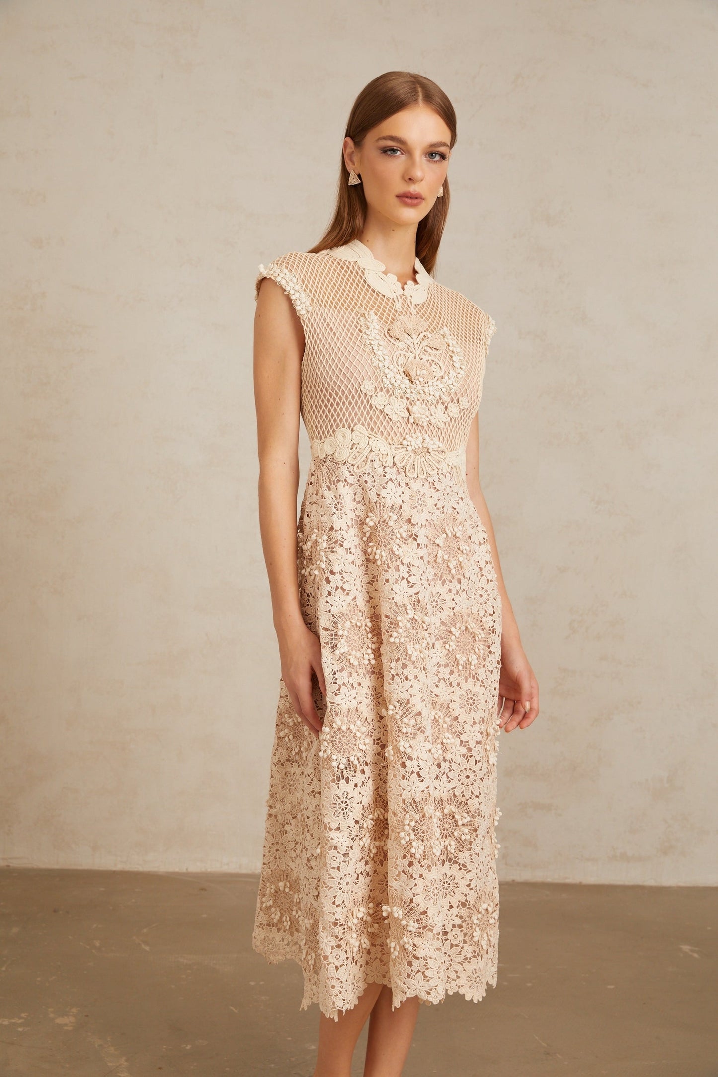 Capucine Braid Detail Corded Lace Midi Dress