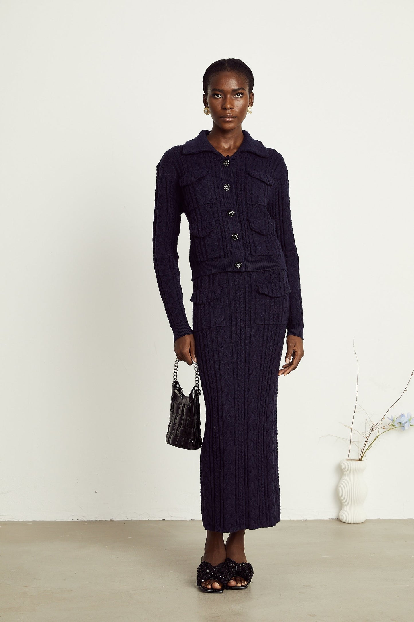 Capucine navyblue knit jacket  skirt matching set