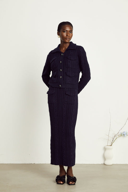 Capucine navyblue knit jacket  skirt matching set