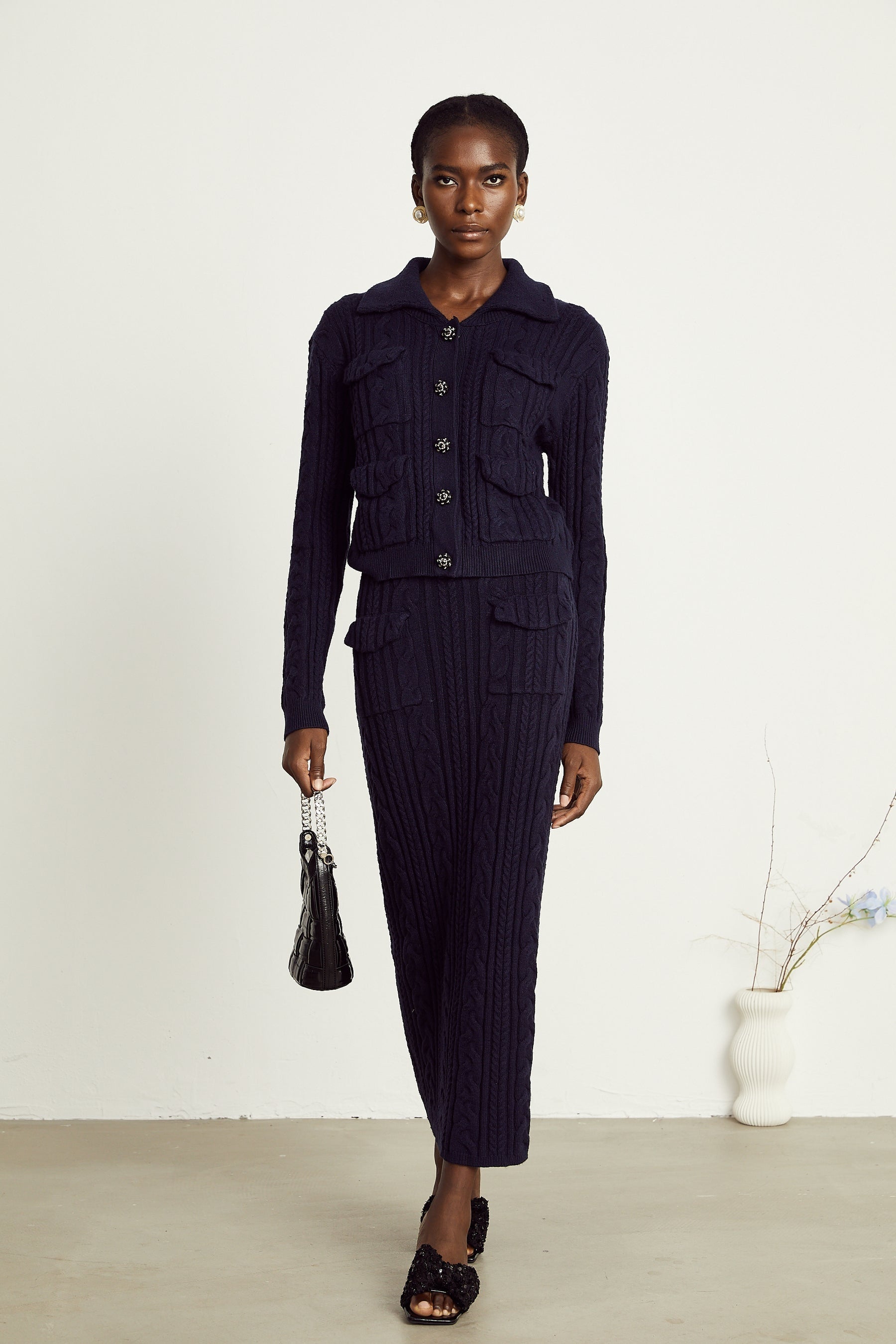 Capucine navyblue knit jacket  skirt matching set