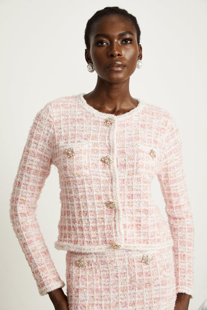 Capucine pink checkpattern cardigan  skirt matching set