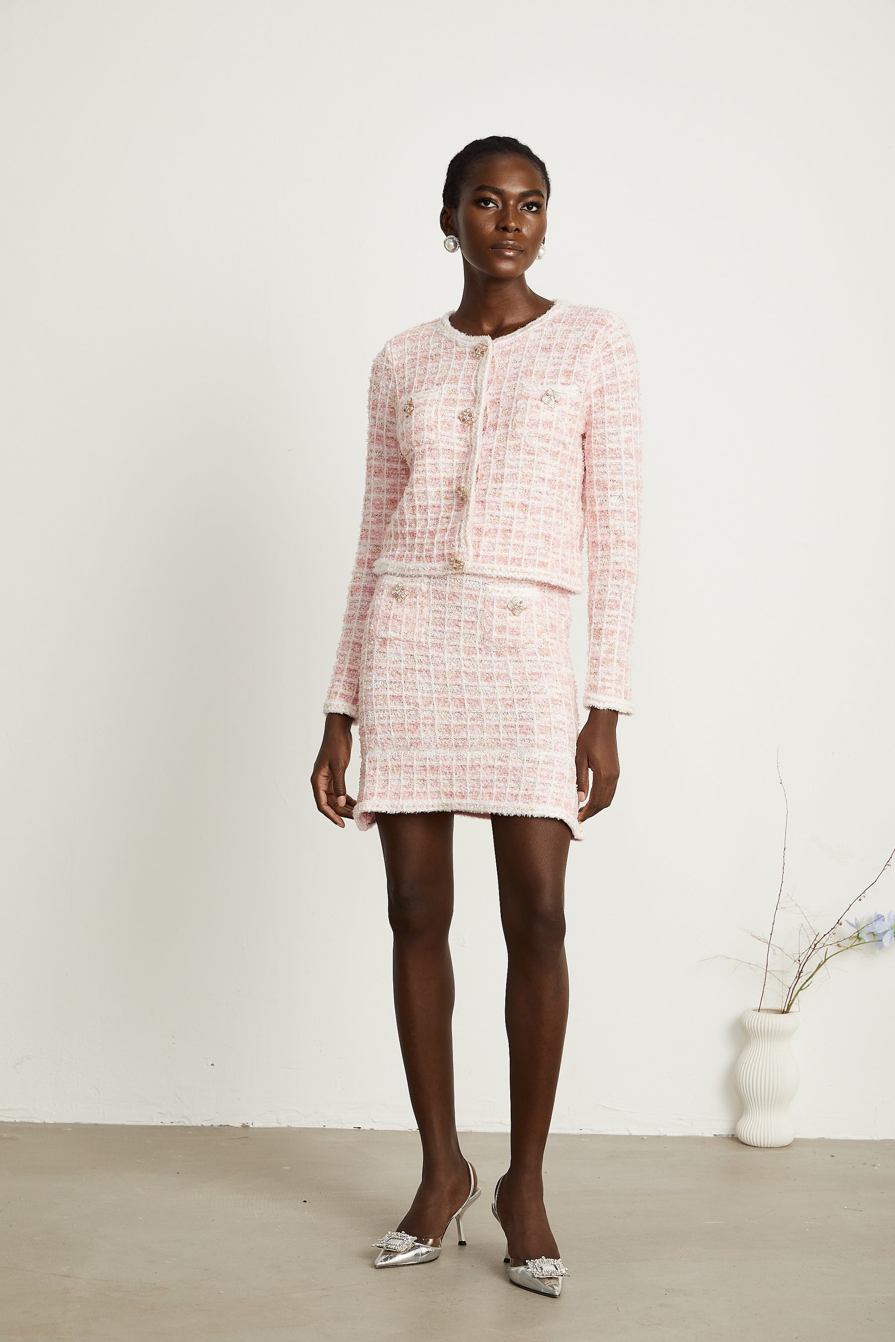 Capucine pink checkpattern cardigan  skirt matching set