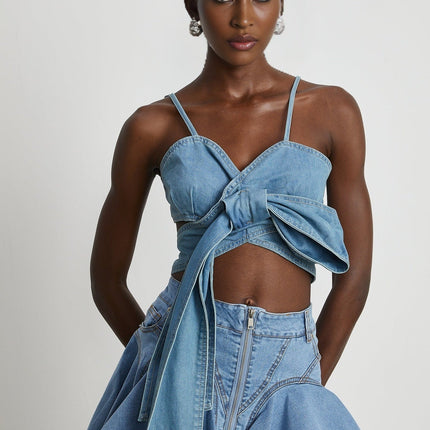 Capucine Pleated Mini Skirt Blue Denim Flared Ruffle Hemline Zipper Closure Pockets