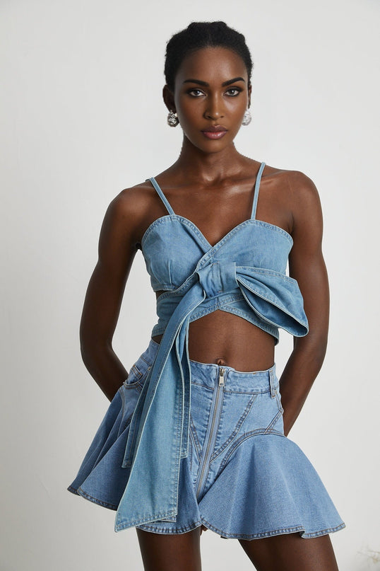 Capucine Pleated Mini Skirt Blue Denim Flared Ruffle Hemline Zipper Closure Pockets