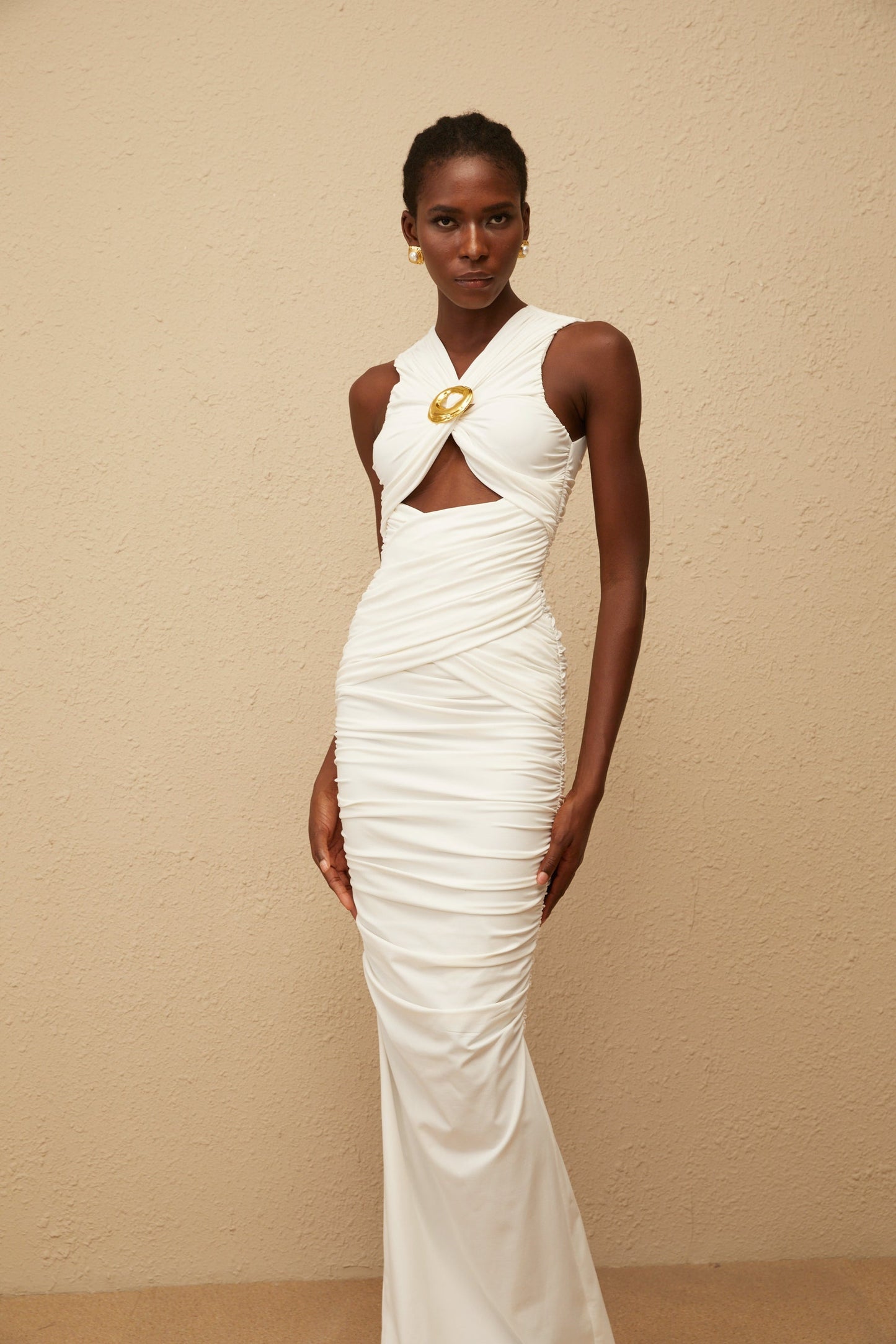 Capucine White Ruched Corset Maxi Dress