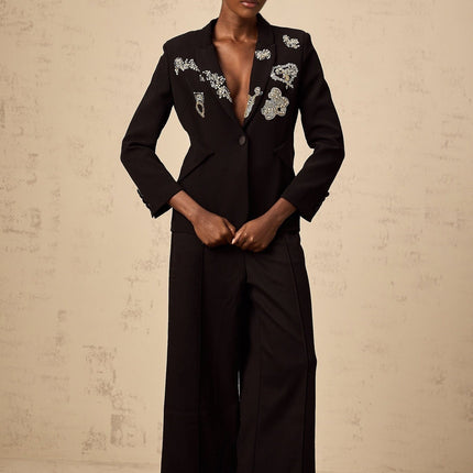 Carla Black Blazer with Godet Detailing and Bead Embroidery