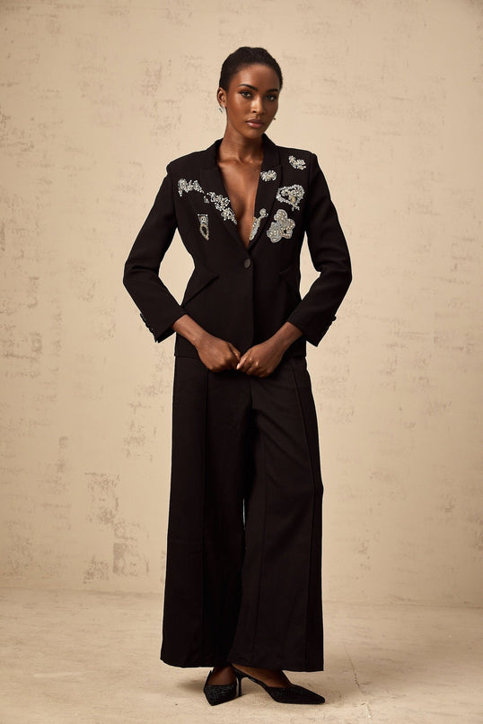 Carla Black Blazer with Godet Detailing and Bead Embroidery