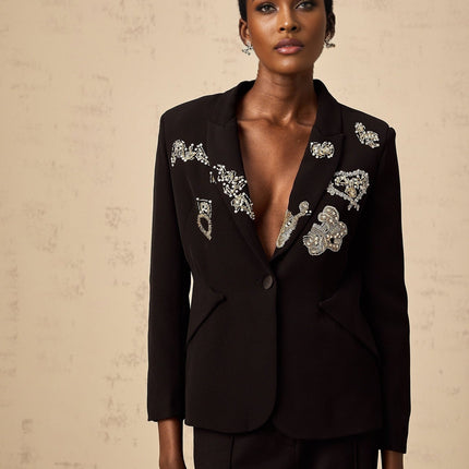 Carla Black Blazer with Godet Detailing and Bead Embroidery Peak Lapels and Buttoned-Cuff Sleeves