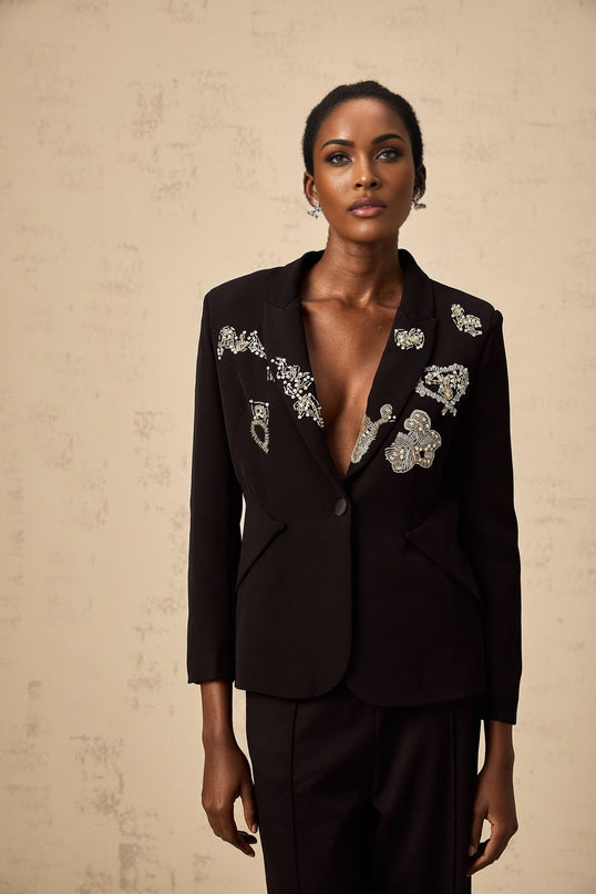 Carla Black Blazer with Godet Detailing and Bead Embroidery Peak Lapels and Buttoned-Cuff Sleeves