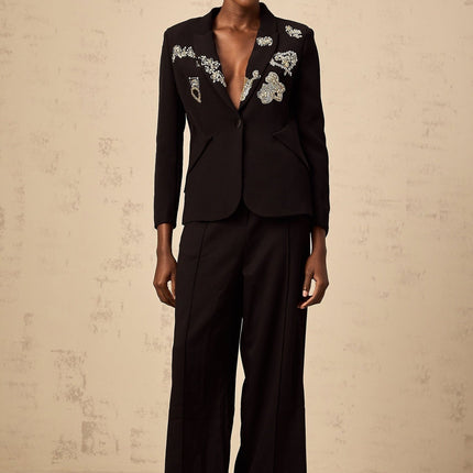 Carla Black Blazer with Godet Detailing and Bead Embroidery