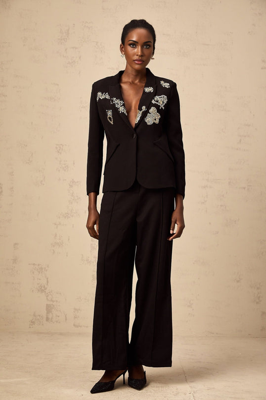 Carla Black Blazer with Godet Detailing and Bead Embroidery