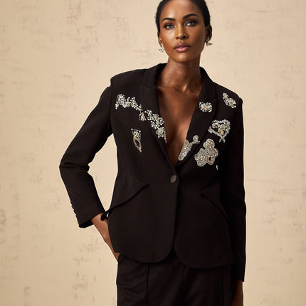 Carla Black Blazer with Godet Detailing and Bead Embroidery