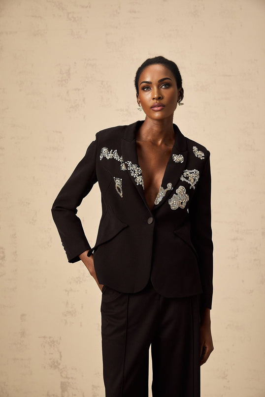 Carla Black Blazer with Godet Detailing and Bead Embroidery