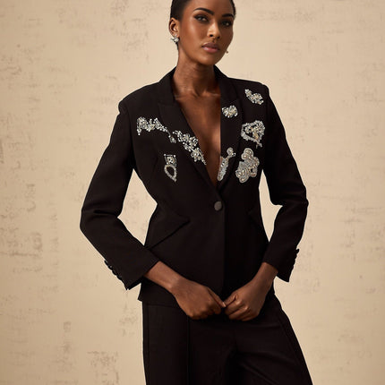 Carla Black Blazer with Godet Detailing and Bead Embroidery