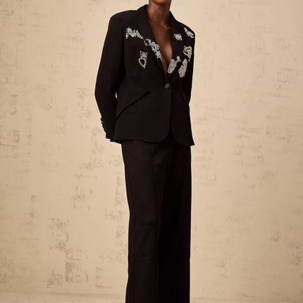 Carla Black Embroidered Blazer with Godet Detailing and Peak Lapels