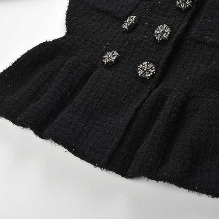 Carla Black Peplum Jacket and Skirt Ensemble with Decorative Buttons on Pockets