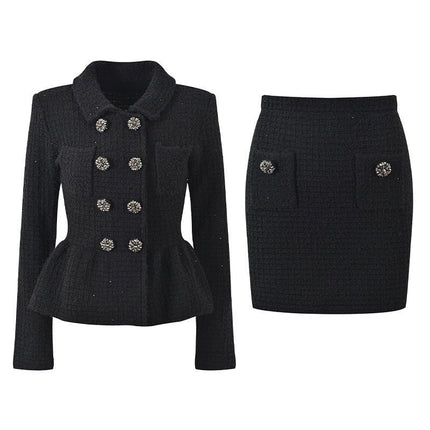 Carla Black Peplum Jacket Skirt Ensemble Textured Fabric Sparkle Decorative Buttons Formal Events