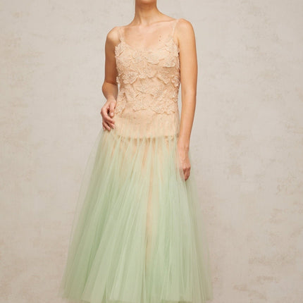 Carla Green Floral Lace Midi Dress with Gradient Effect and Spaghetti Straps