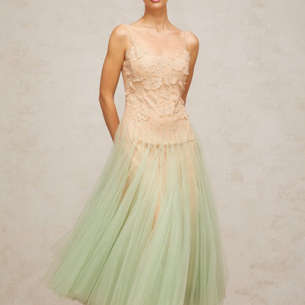 Carla Green Floral Lace Midi Dress with Gradient Effect Scoop Neck and Spaghetti Straps