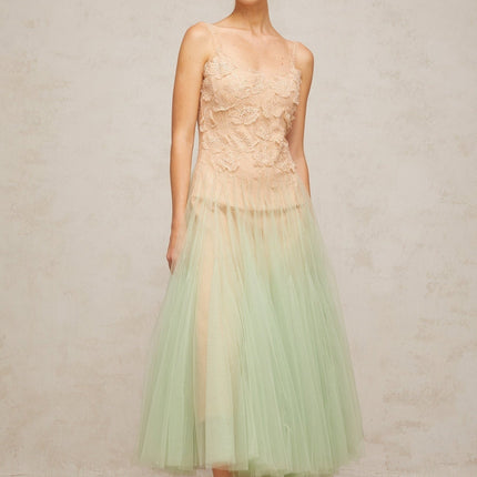 Carla Green Floral Lace Midi Dress with Gradient Effect Scoop Neck and Pleated Detailing