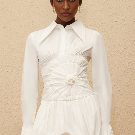Carla White Mini Dress with Straight-Point Collar and Ruched Waist