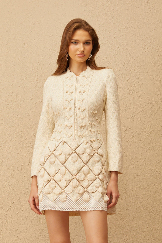 Carlota White Floral Crochet Knit Mini Dress