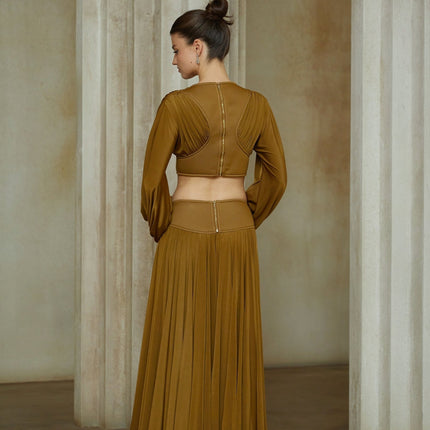 Carlotta Blouse Skirt Set Pleated Maxi in Green
