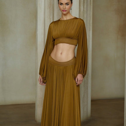 Carlotta Blouse & Skirt Set Pleated Maxi in Luxurious Olive Green