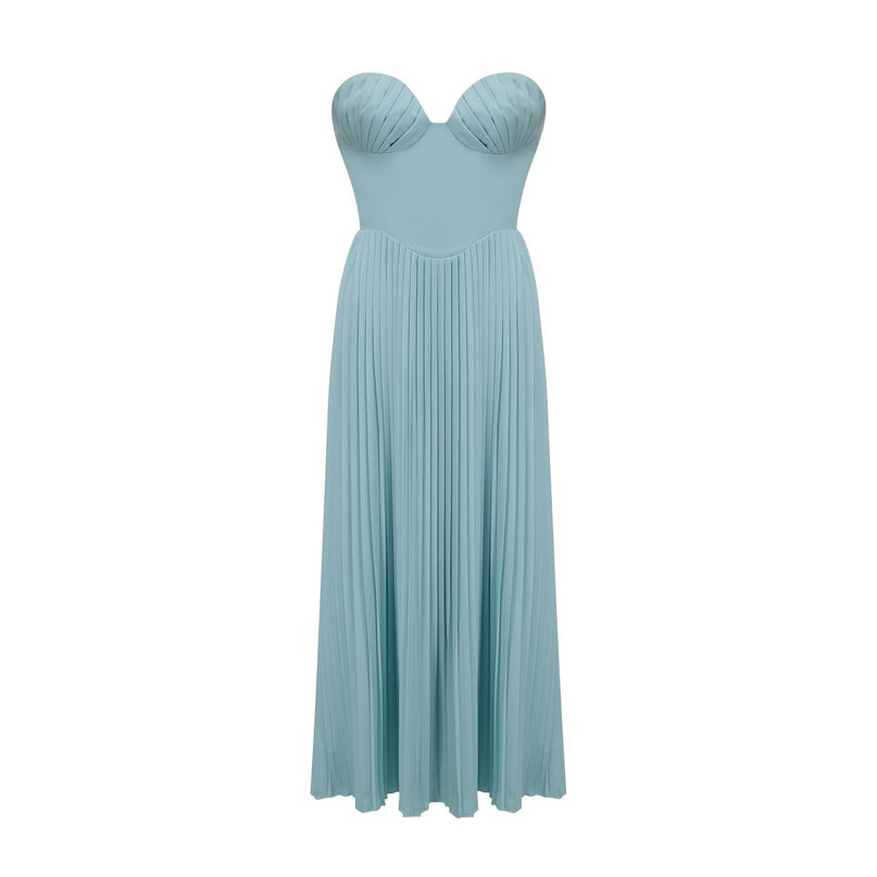 Carlotta blue pleated corset maxi dress
