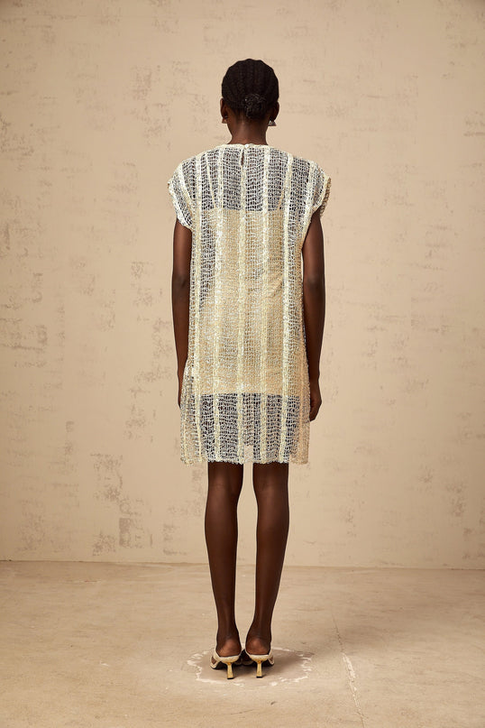 Carlotta Gold Sequin Mini Dress with Cut-Out Basket Weave Design
