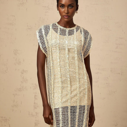 Carlotta Gold Sequin Mini Dress with Cut-Out Basket Weave Design Cap Sleeves