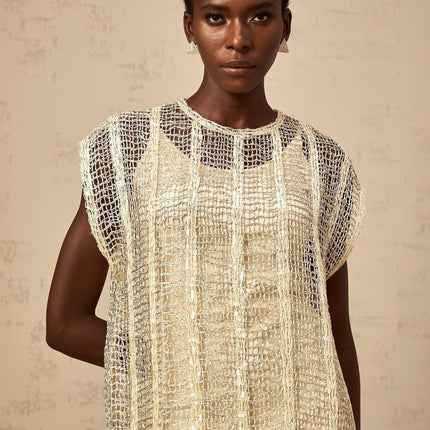 Carlotta Gold Sequin Mini Dress with Cut-Out Basket Weave Design