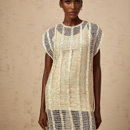 Carlotta Gold Sequin Mini Dress with Cut-Out Basket Weave Design