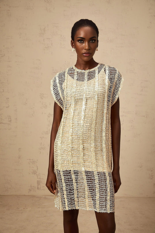 Carlotta Gold Sequin Mini Dress with Cut-Out Basket Weave Design