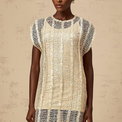 Carlotta Gold Sequin Mini Dress with Cut-Out Basket Weave Design