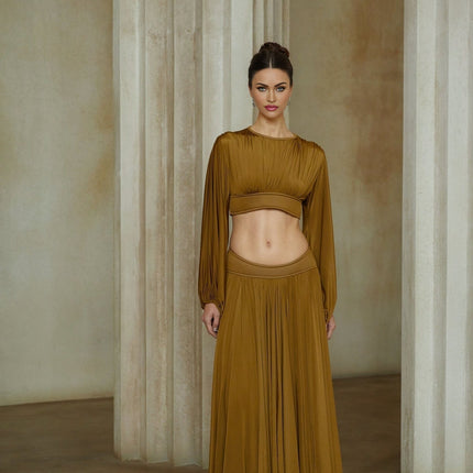 Carlotta Green Pleated Maxi Blouse Skirt Set