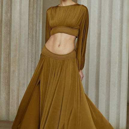 Carlotta Green Pleated Maxi Blouse Skirt Set Elegant Sophisticated Terylene Spandex