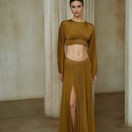 Carlotta Green Pleated Maxi Blouse Skirt Set Elegant Olive Luxury Terylene Spandex