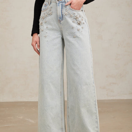 Carlotta Light Blue Crystal Embellished Wide Leg Denim Jeans