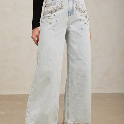 Carlotta Light Blue Crystal Embellished Wide Leg Denim Jeans