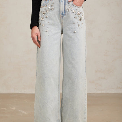 Carlotta Light Blue Crystal Embellished Wide Leg Denim Jeans