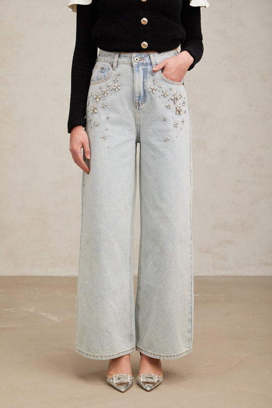 Carlotta Light Blue Crystal Embellished Wide Leg Denim Jeans