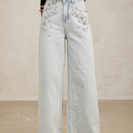 Carlotta Light Blue Crystal Embellished Wide Leg Denim Jeans