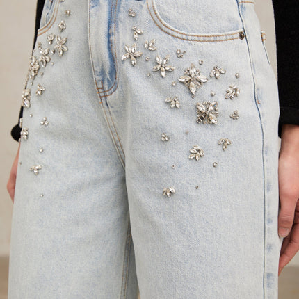 Carlotta Light Blue Crystal Embellished Wide Leg Denim Jeans