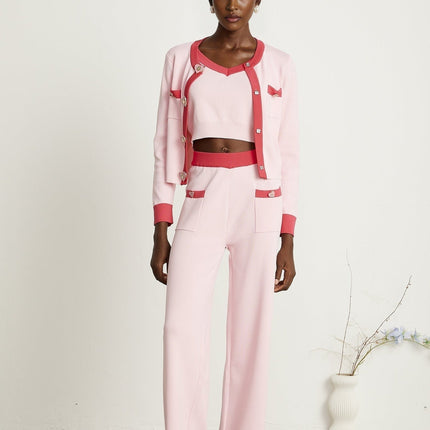 Carlotta Pink Knitted Matching Set Cardigan Vest Trousers