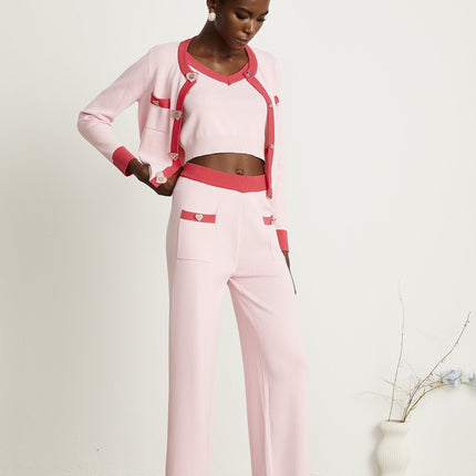Carlotta Pink Knitted Matching Set Cardigan Vest Trousers